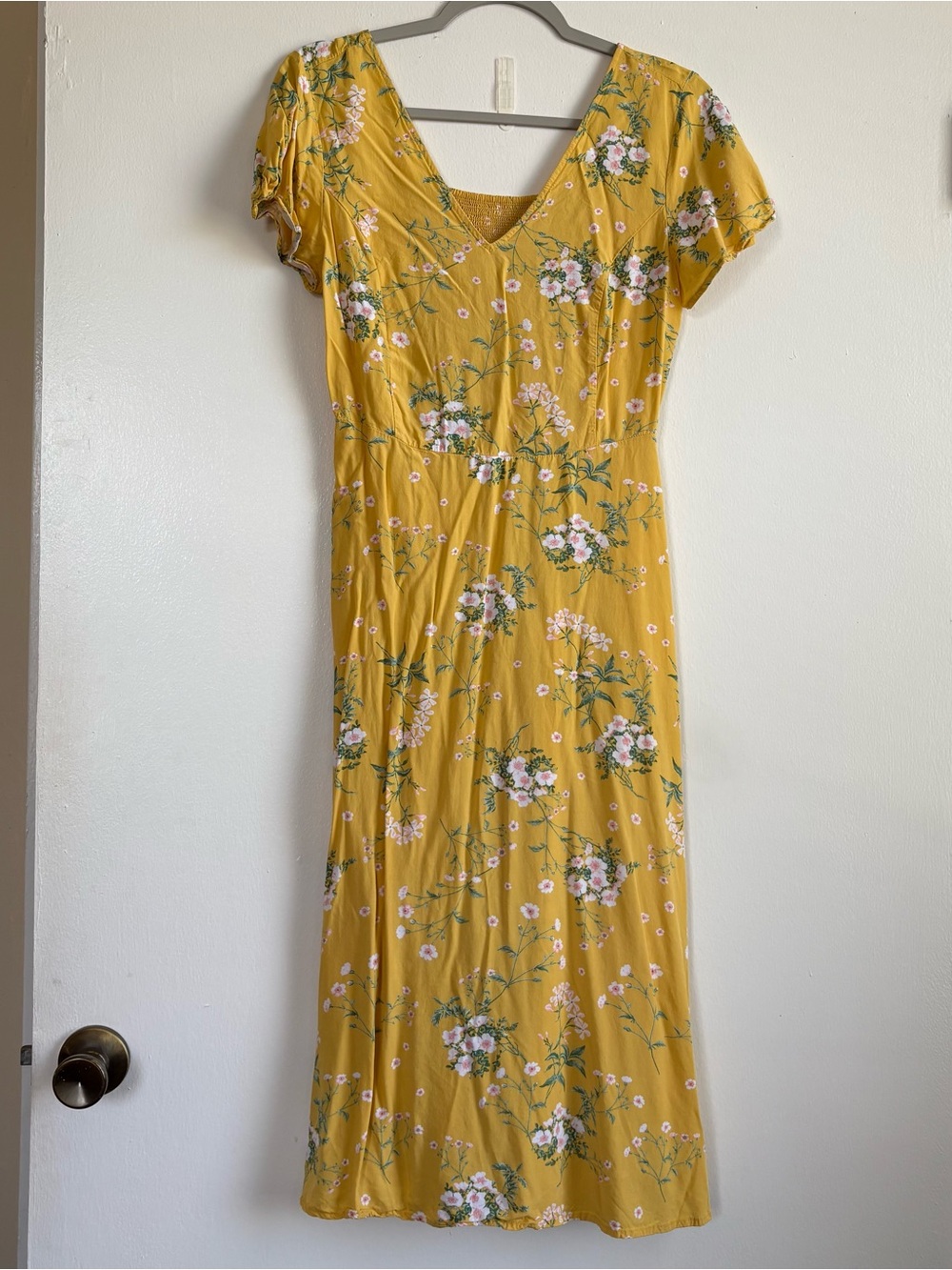 Old Navy Yellow Floral Smocked Short Sleeve Cottage Midi Dress Women’s S